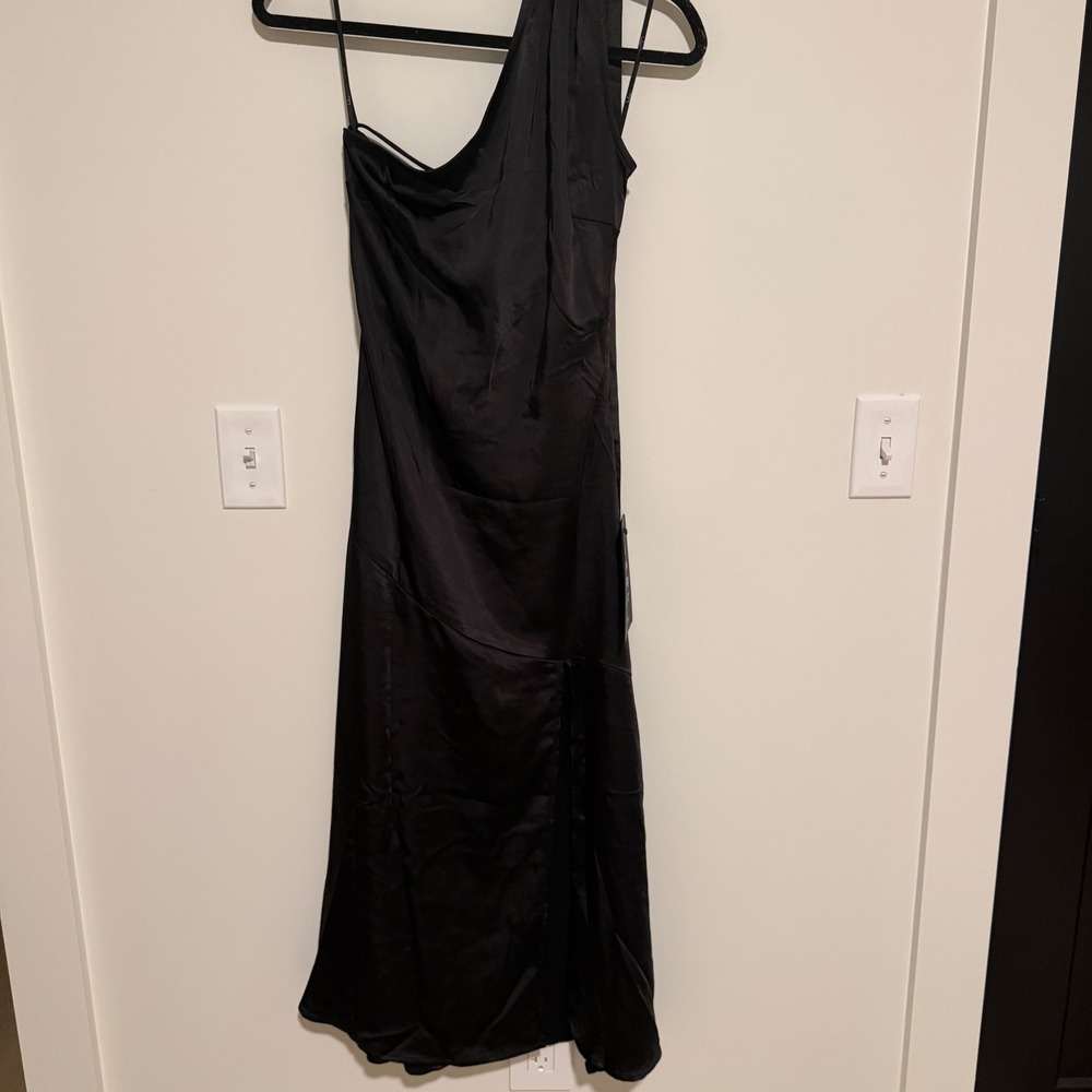 Lulus Black Satin One Shoulder Scarf Midi Dress Size Small NEW